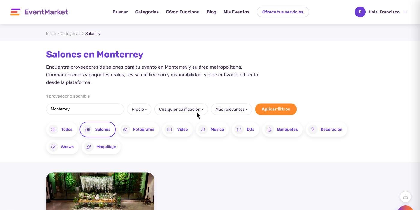 Búsqueda de proveedores de salones en EventMarket, con filtros de precio, calificación y categoría