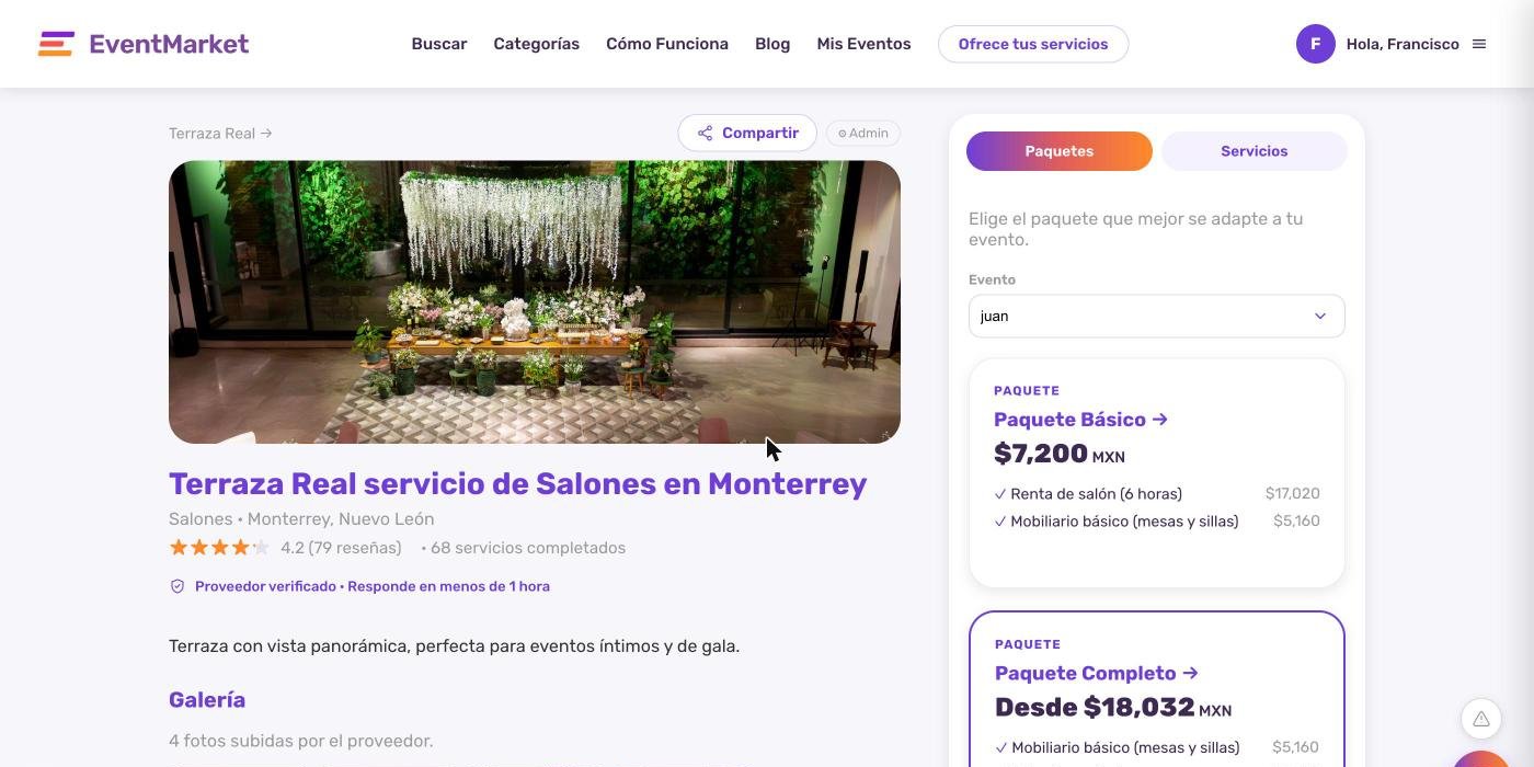 Perfil de un proveedor en EventMarket con calificación, verificación y desglose de paquetes