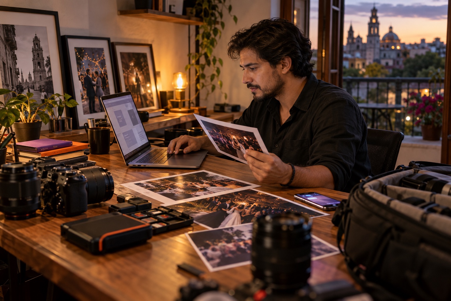 Fotógrafo revisando su portafolio de bodas en su computadora antes de publicarlo
