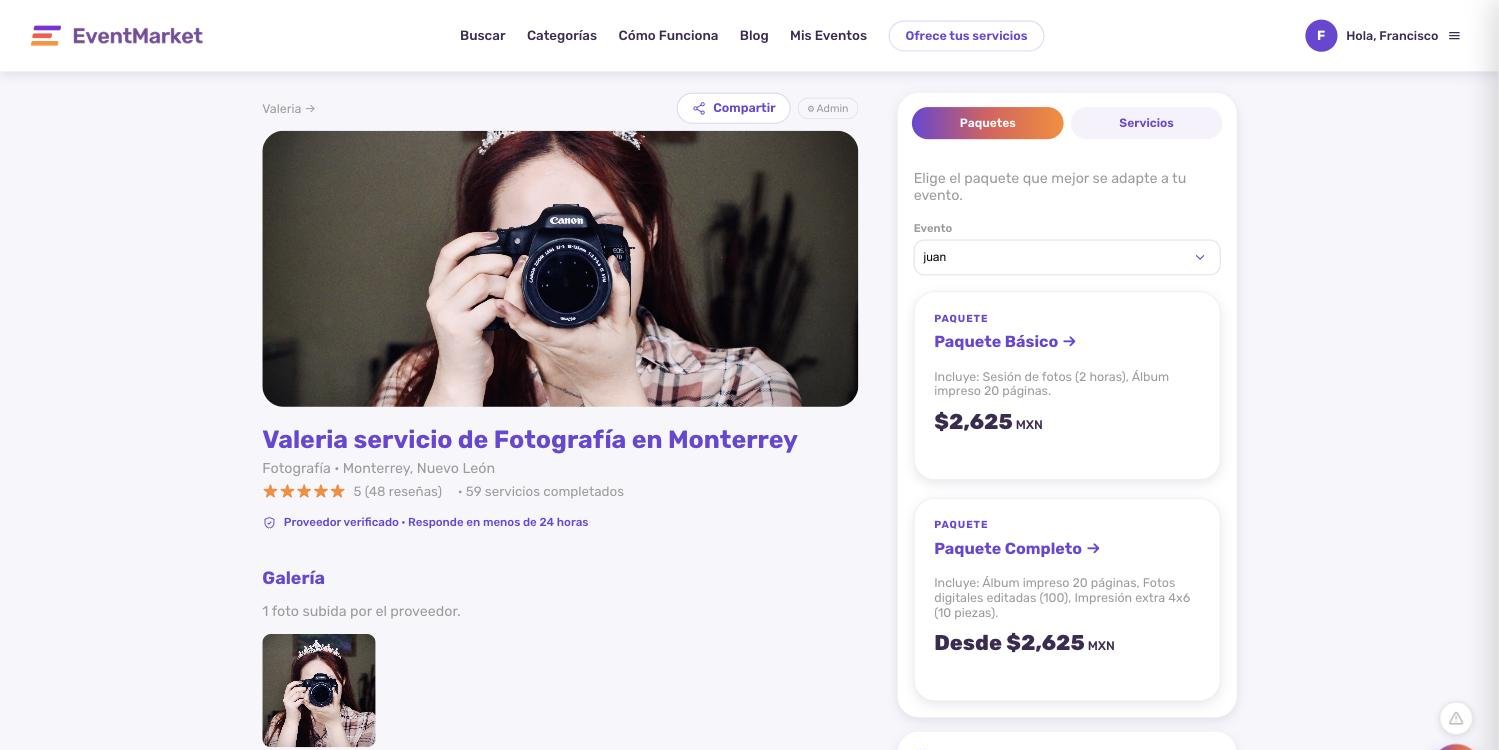 Perfil real de una fotógrafa en EventMarket: calificación, verificación, servicios completados y paquetes con precio